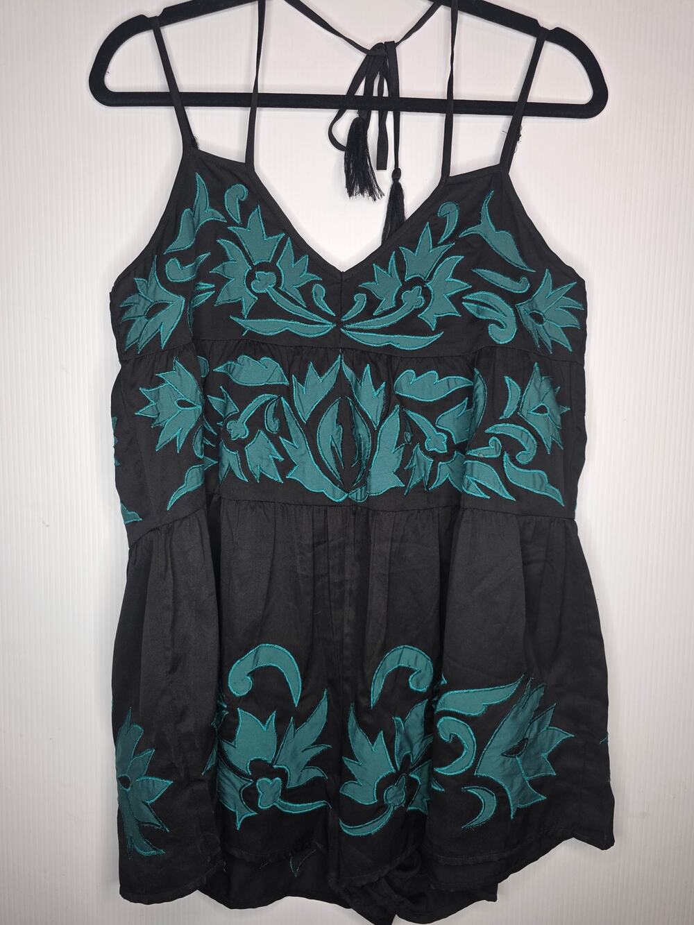 Free People Black Teal Embroidered Romper Size S Boho Festival Halter Playsuit